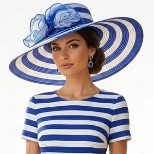Beloved Millinery Fabulously Stunning Elegant Blue White Striped Wide Brim Hat